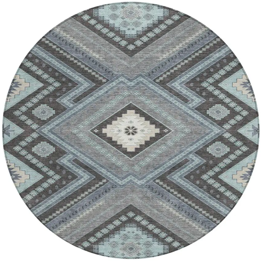 8' Pewter Charcoal And Sky Blue Round Tribal Washable Indoor Outdoor Area Rug Photo 6