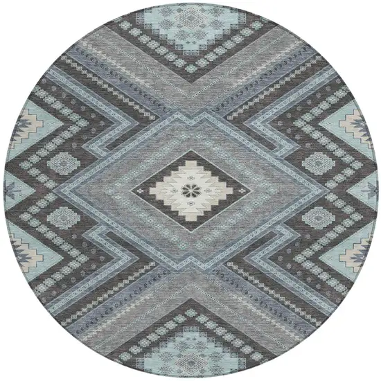 8' Pewter Charcoal And Sky Blue Round Tribal Washable Indoor Outdoor Area Rug Photo 5