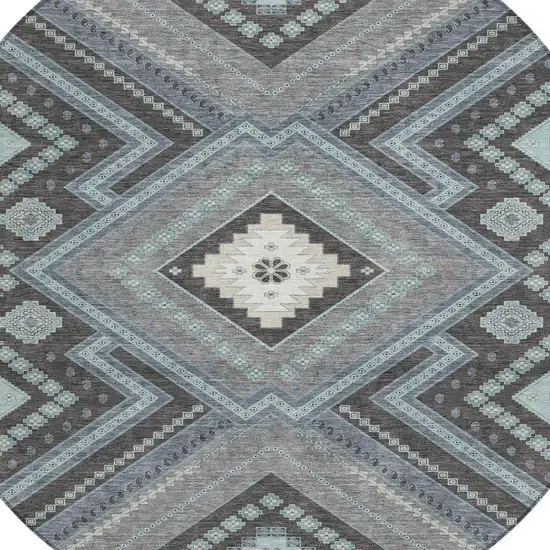 8' Pewter Charcoal And Sky Blue Round Tribal Washable Indoor Outdoor Area Rug Photo 4