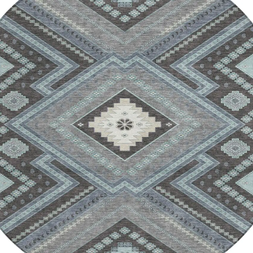 8' Pewter Charcoal And Sky Blue Round Tribal Washable Indoor Outdoor Area Rug Photo 4