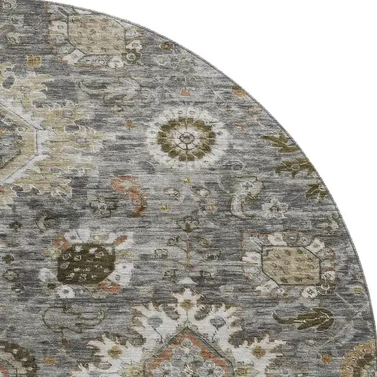 8' Pewter Copper And Beige Oriental Washable Round Rug With UV Protection Photo 4