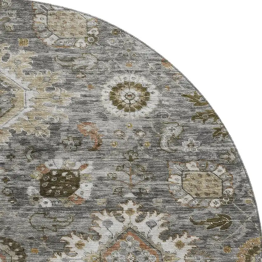 8' Pewter Copper And Beige Oriental Washable Round Rug With UV Protection Photo 4