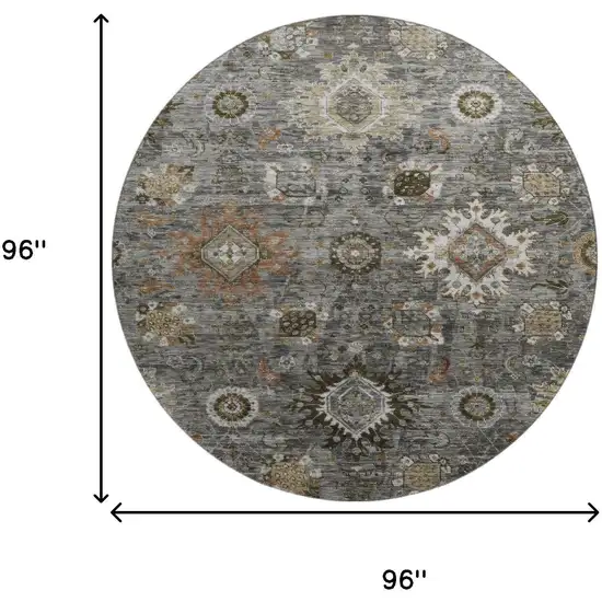 8' Pewter Copper And Beige Oriental Washable Round Rug With UV Protection Photo 9