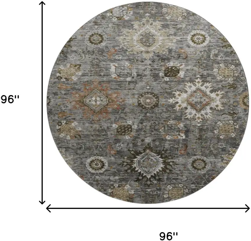 8' Pewter Copper And Beige Oriental Washable Round Rug With UV Protection Photo 9