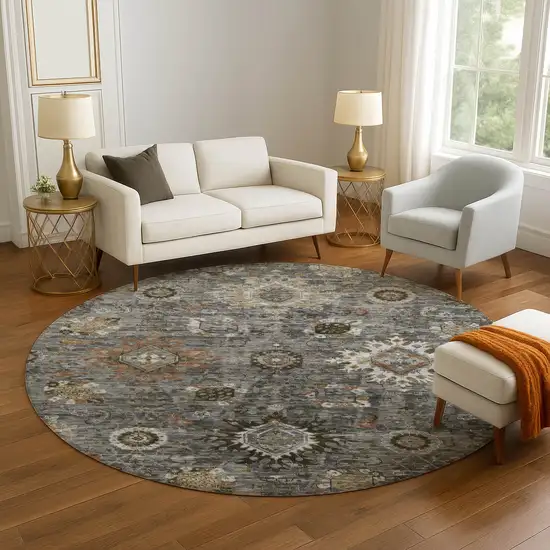 8' Pewter Copper And Beige Oriental Washable Round Rug With UV Protection Photo 5