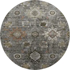 Photo of 8' Pewter Copper And Beige Oriental Washable Round Rug With UV Protection