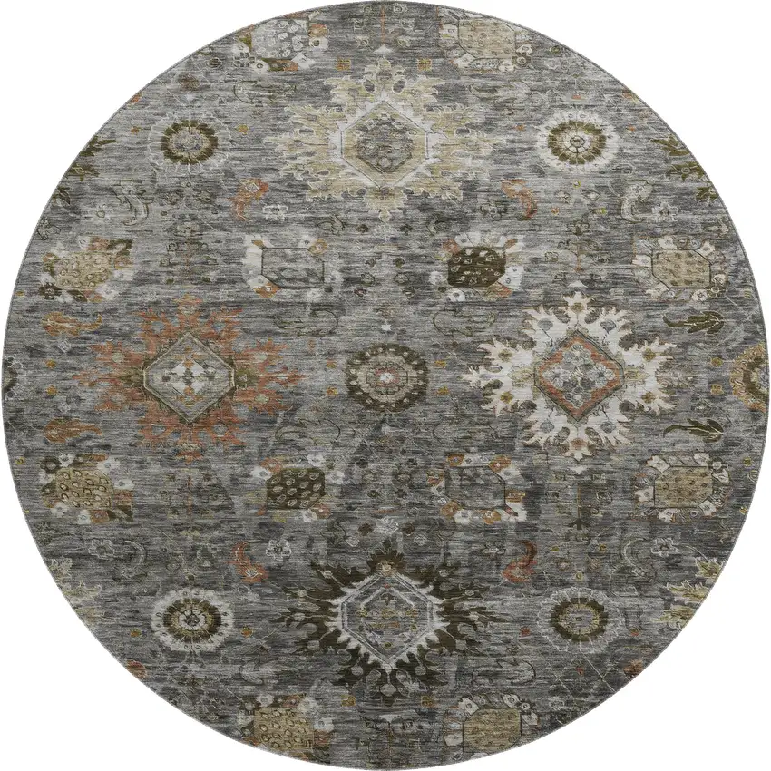 8' Pewter Copper And Beige Oriental Washable Round Rug With UV Protection Photo 1