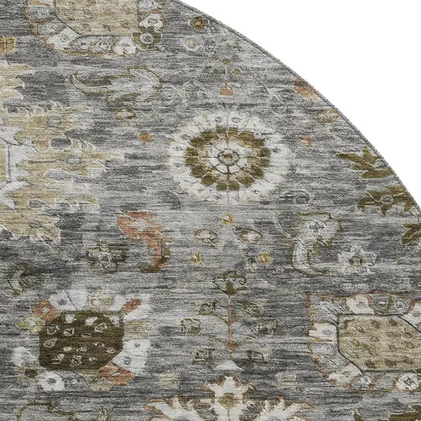 8' Pewter Copper And Beige Oriental Washable Round Rug With UV Protection Photo 3