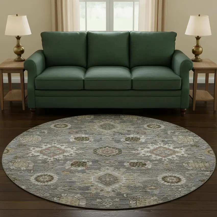 8' Pewter Copper And Beige Oriental Washable Round Rug With UV Protection Photo 2