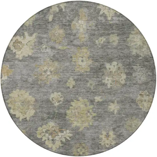 8' Pewter Gold And Beige Round Floral Washable Indoor Outdoor Area Rug Photo 4