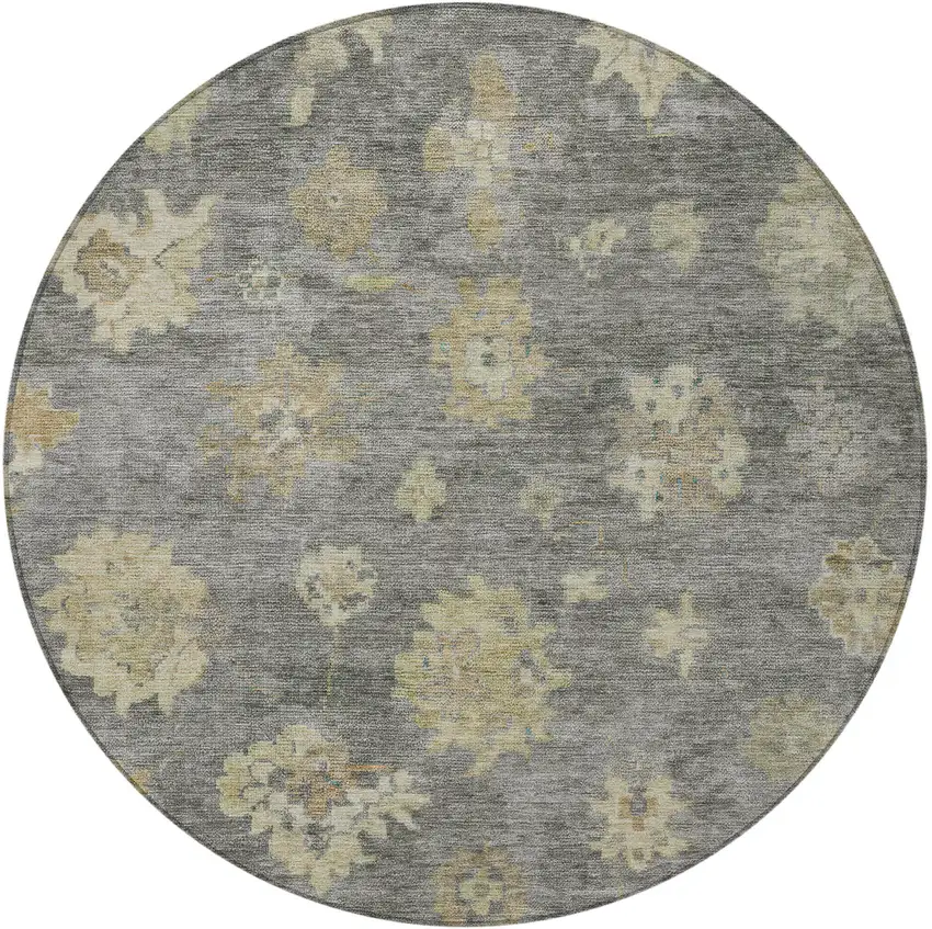 8' Pewter Gold And Beige Round Floral Washable Indoor Outdoor Area Rug Photo 4