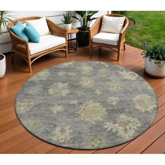 8' Pewter Gold And Beige Round Floral Washable Indoor Outdoor Area Rug Photo 1
