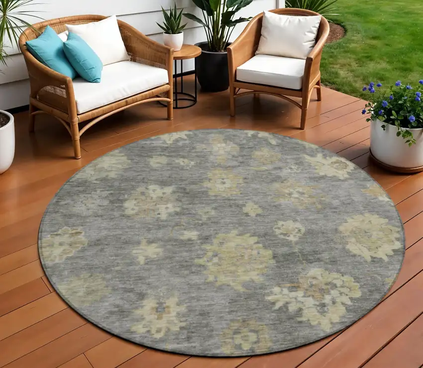 8' Pewter Gold And Beige Round Floral Washable Indoor Outdoor Area Rug Photo 1
