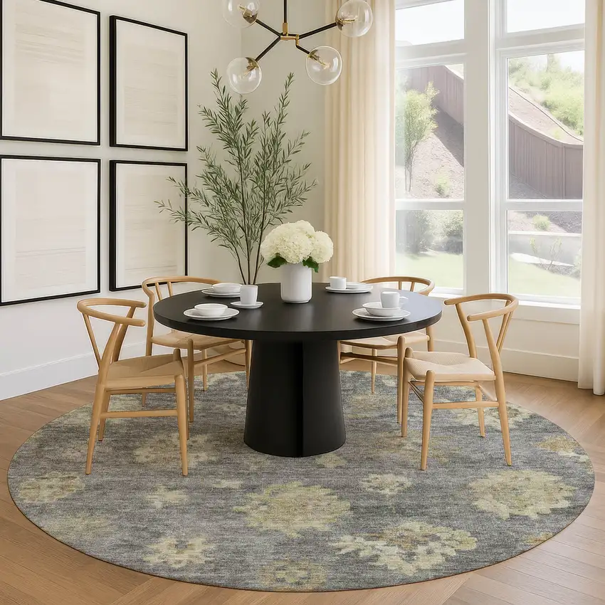 8' Pewter Gold And Beige Round Floral Washable Indoor Outdoor Area Rug Photo 8