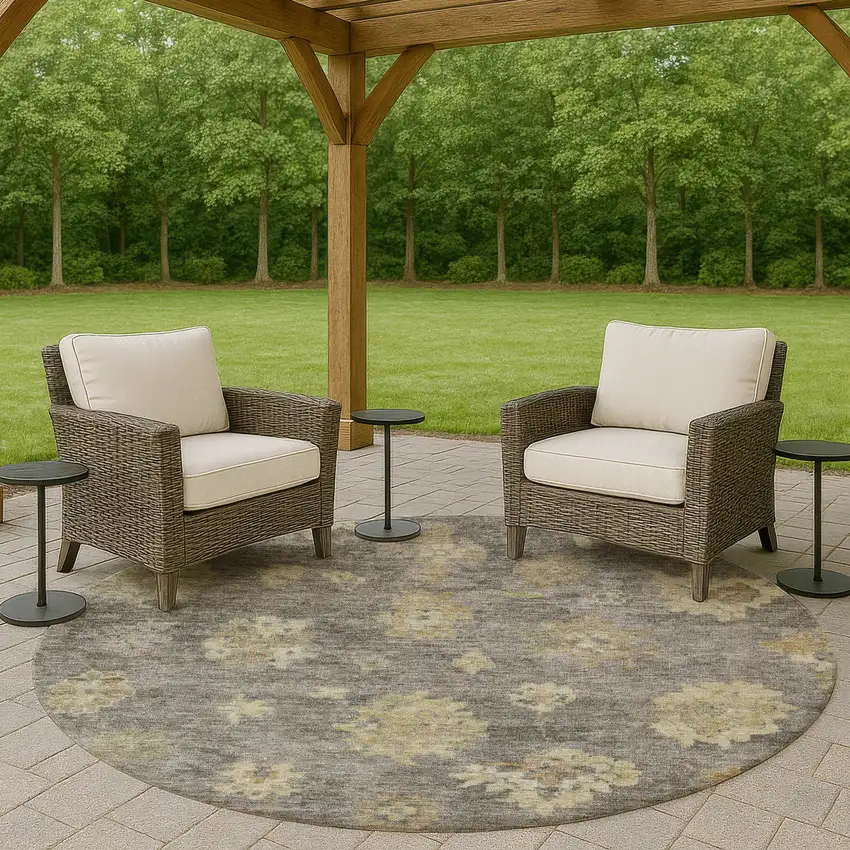 8' Pewter Gold And Beige Round Floral Washable Indoor Outdoor Area Rug Photo 7