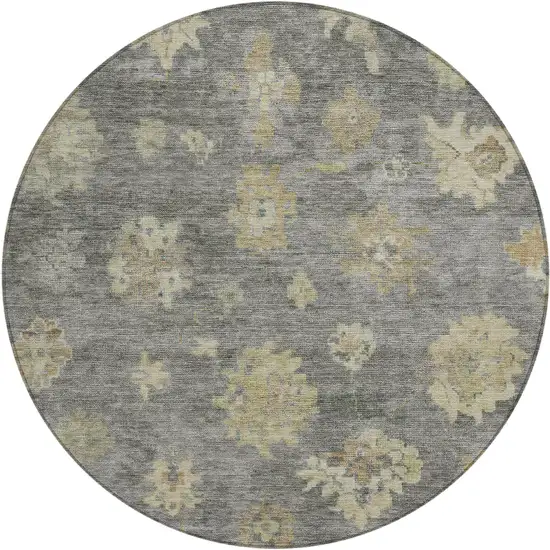 8' Pewter Gold And Beige Round Floral Washable Indoor Outdoor Area Rug Photo 2