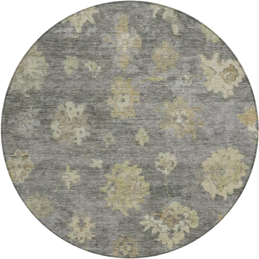 8' Pewter Gold And Beige Round Floral Washable Indoor Outdoor Area Rug Photo 2