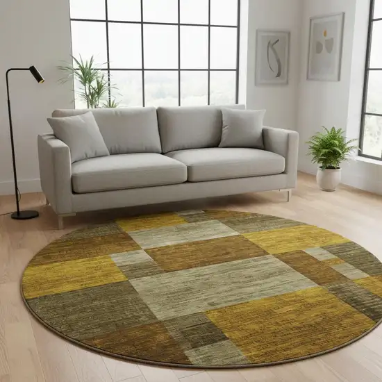 8' Pewter Gold And Brown Geometric Washable Round Rug With UV Protection Photo 2