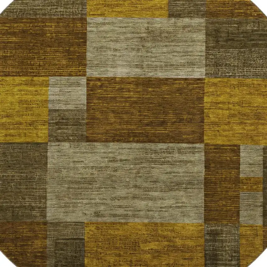 8' Pewter Gold And Brown Geometric Washable Round Rug With UV Protection Photo 2