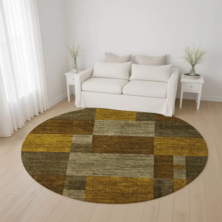 8' Pewter Gold And Brown Geometric Washable Round Rug With UV Protection Photo 4