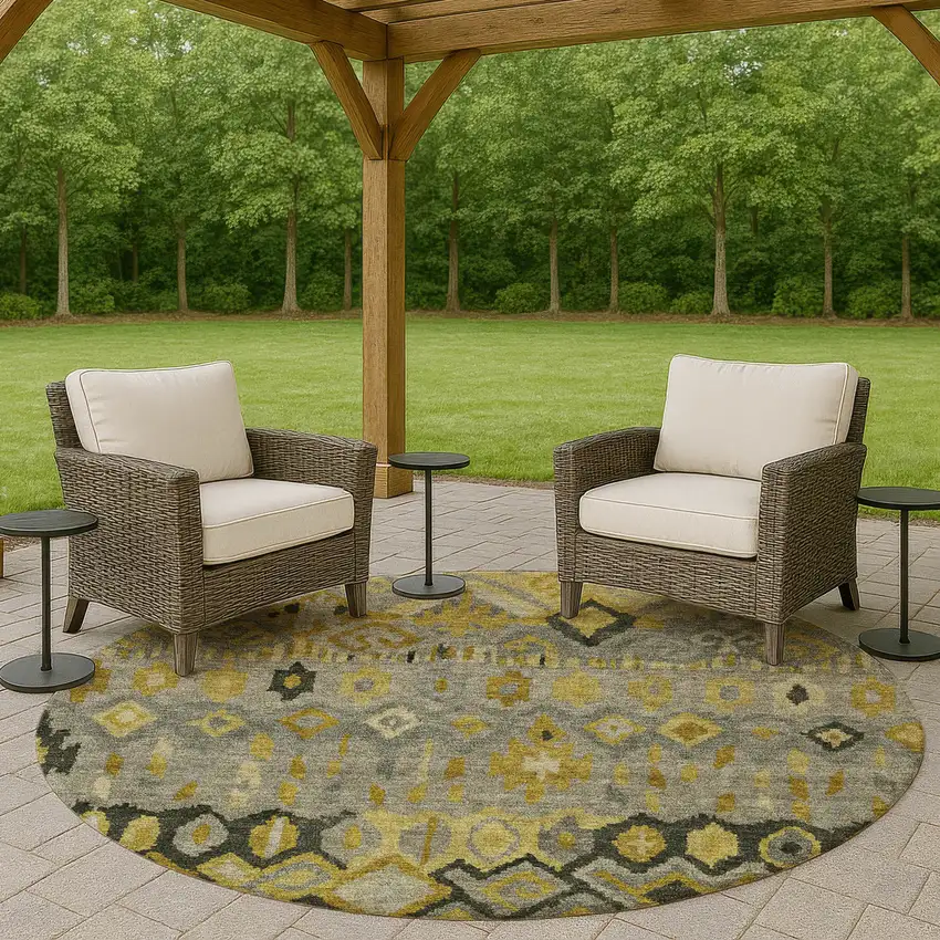 8' Pewter Gold And Charcoal Round Geometric Washable Indoor Outdoor Area Rug Photo 9