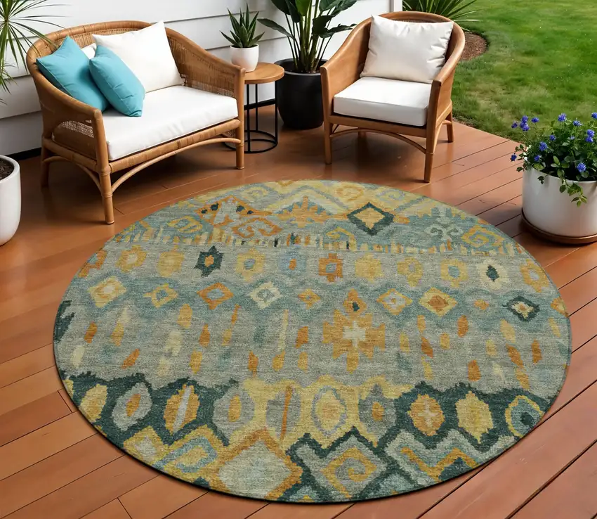 8' Pewter Gold And Charcoal Round Geometric Washable Indoor Outdoor Area Rug Photo 1