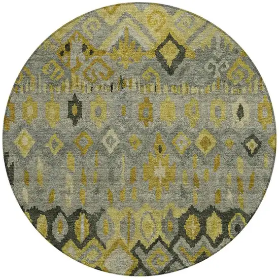 8' Pewter Gold And Charcoal Round Geometric Washable Indoor Outdoor Area Rug Photo 4
