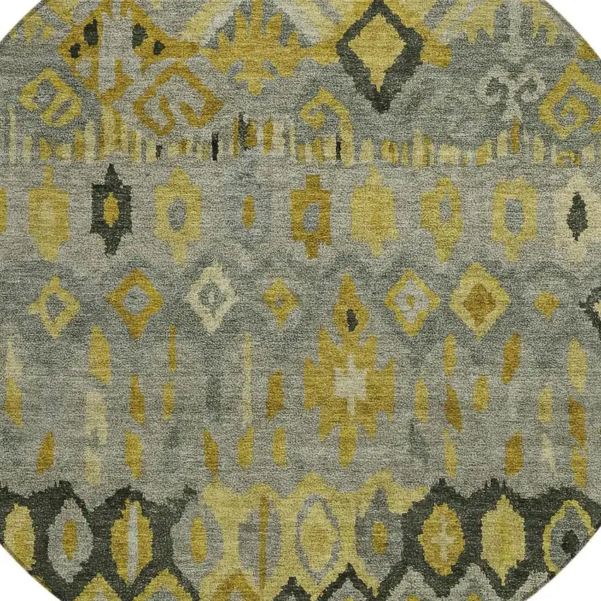 8' Pewter Gold And Charcoal Round Geometric Washable Indoor Outdoor Area Rug Photo 6