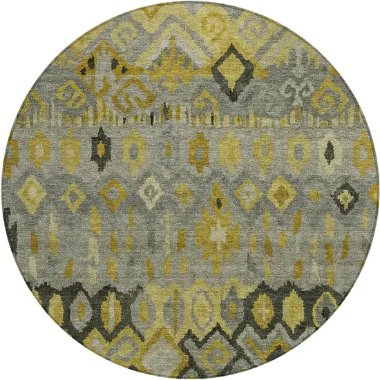 8' Pewter Gold And Charcoal Round Geometric Washable Indoor Outdoor Area Rug Photo 2