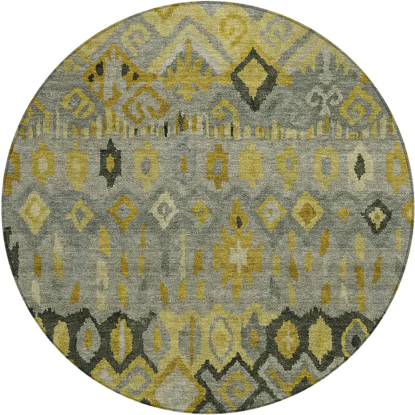 8' Pewter Gold And Charcoal Round Geometric Washable Indoor Outdoor Area Rug Photo 2