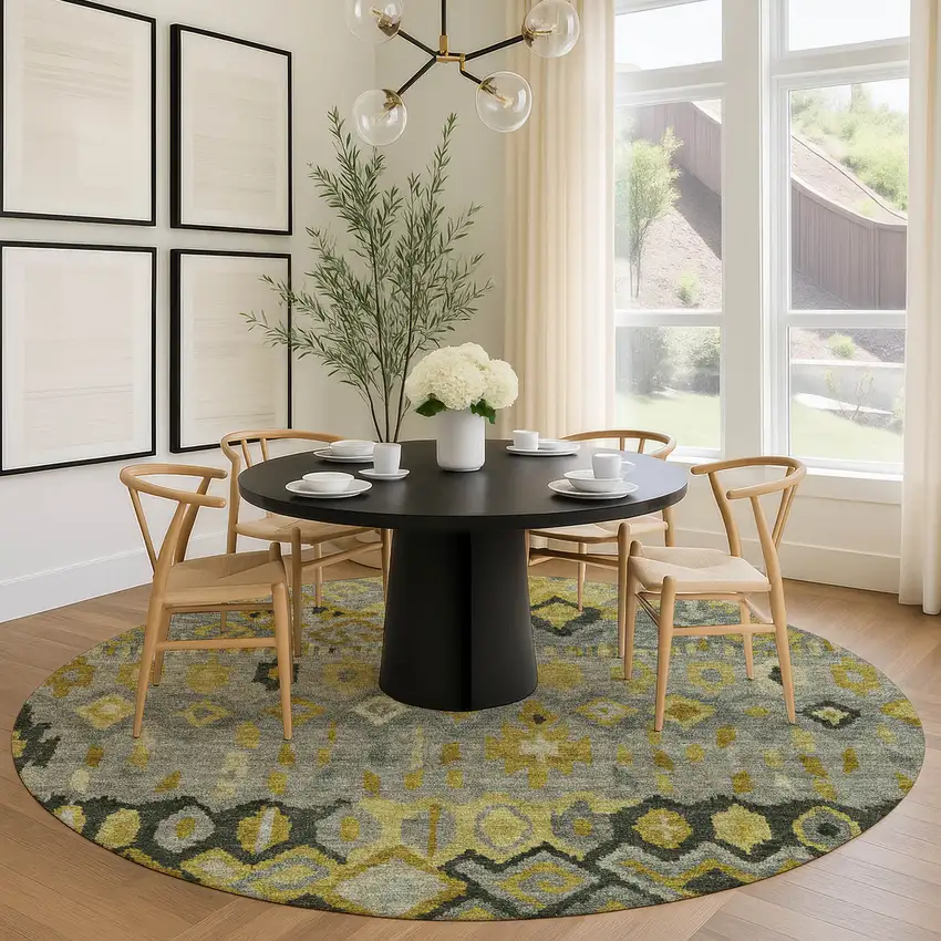 8' Pewter Gold And Charcoal Round Geometric Washable Indoor Outdoor Area Rug Photo 9