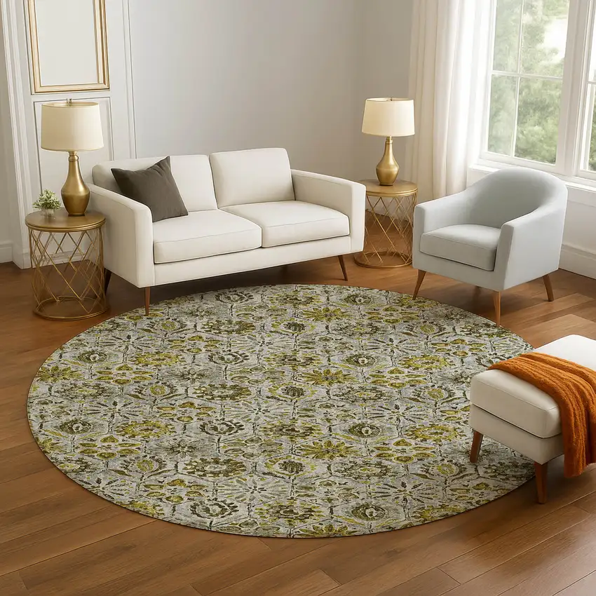 8' Pewter Gold And Gray Floral Washable Round Rug With UV Protection Photo 5