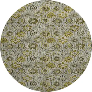 Photo of 8' Pewter Gold And Gray Floral Washable Round Rug With UV Protection
