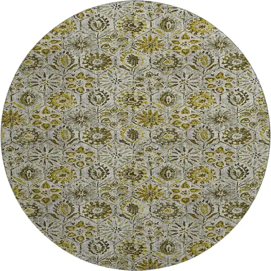 8' Pewter Gold And Gray Floral Washable Round Rug With UV Protection Photo 1