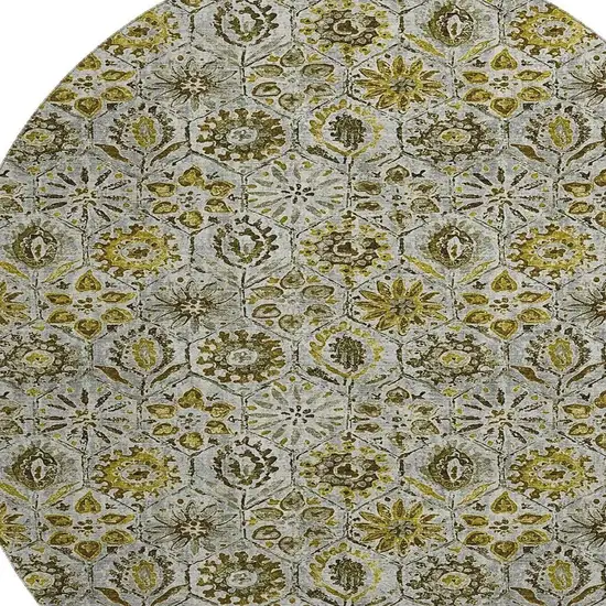 8' Pewter Gold And Gray Floral Washable Round Rug With UV Protection Photo 3