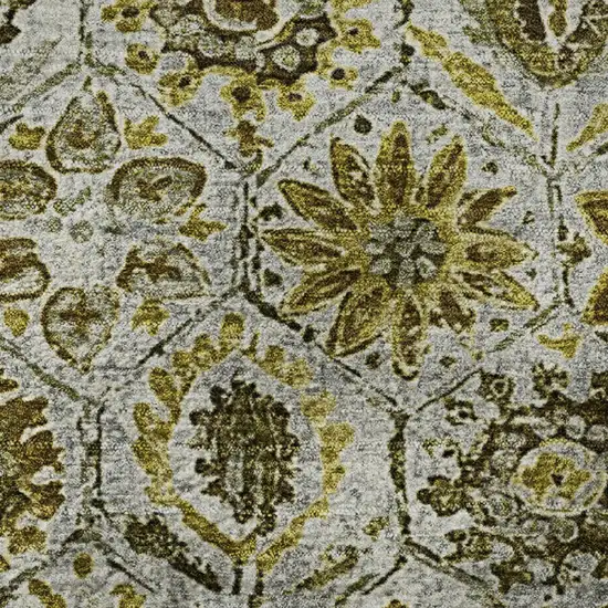 8' Pewter Gold And Gray Floral Washable Round Rug With UV Protection Photo 9