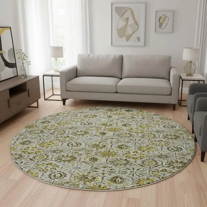 8' Pewter Gold And Gray Floral Washable Round Rug With UV Protection Photo 2