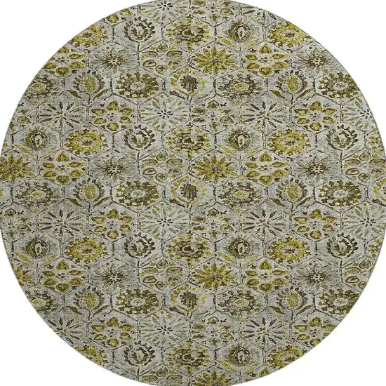 8' Pewter Gold And Gray Floral Washable Round Rug With UV Protection Photo 4