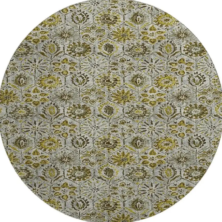 8' Pewter Gold And Gray Floral Washable Round Rug With UV Protection Photo 4