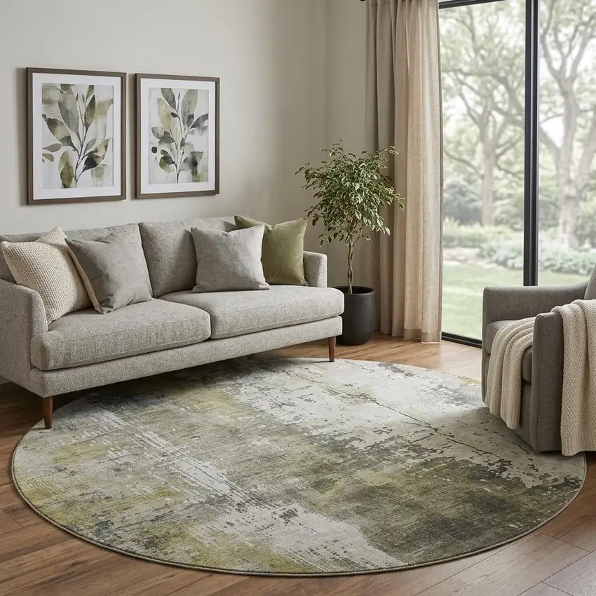 8' Pewter Gold And Ivory Abstract Washable Round Rug With UV Protection Photo 1