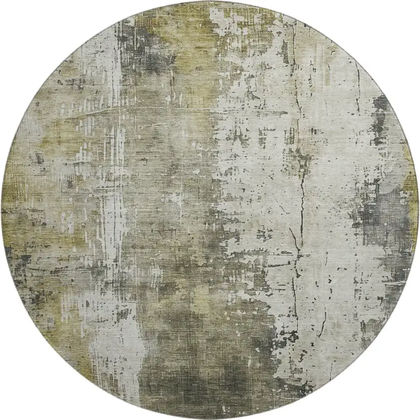 8' Pewter Gold And Ivory Abstract Washable Round Rug With UV Protection Photo 1
