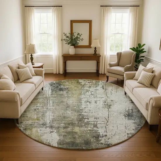 8' Pewter Gold And Ivory Abstract Washable Round Rug With UV Protection Photo 4
