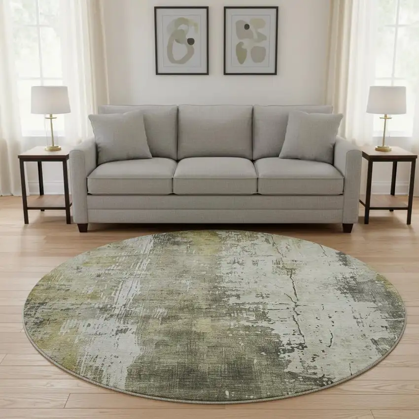 8' Pewter Gold And Ivory Abstract Washable Round Rug With UV Protection Photo 2
