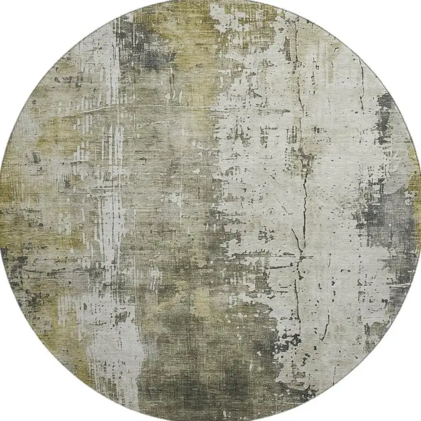 8' Pewter Gold And Ivory Abstract Washable Round Rug With UV Protection Photo 2