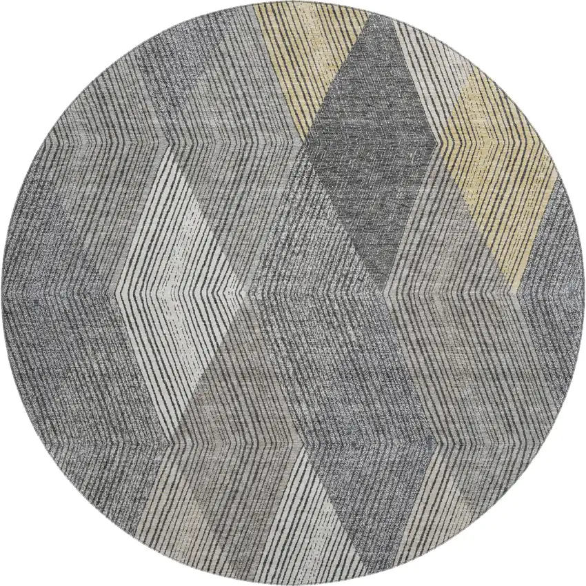 8' Pewter Gold And Ivory Geometric Washable Round Rug With UV Protection Photo 1