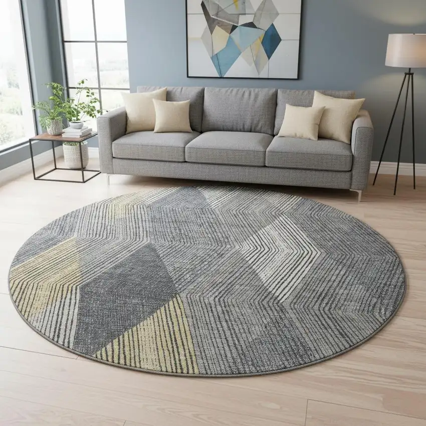 8' Pewter Gold And Ivory Geometric Washable Round Rug With UV Protection Photo 2