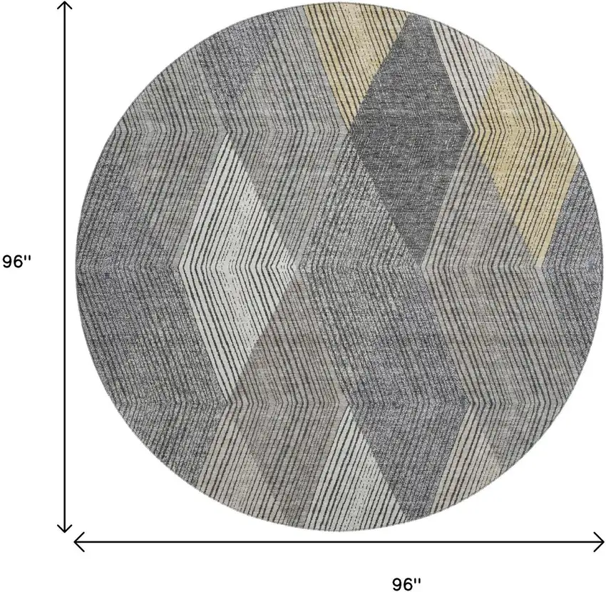 8' Pewter Gold And Ivory Geometric Washable Round Rug With UV Protection Photo 9