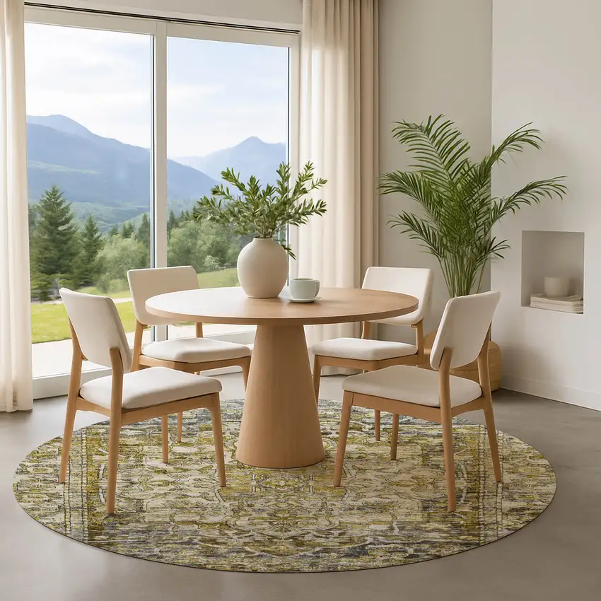 8' Pewter Gold And Ivory Oriental Washable Round Rug With UV Protection Photo 4