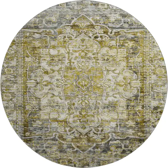 8' Pewter Gold And Ivory Oriental Washable Round Rug With UV Protection Photo 1