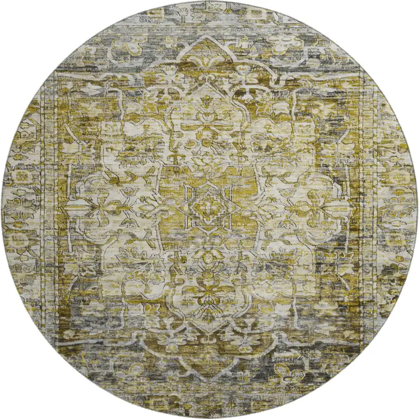 8' Pewter Gold And Ivory Oriental Washable Round Rug With UV Protection Photo 1